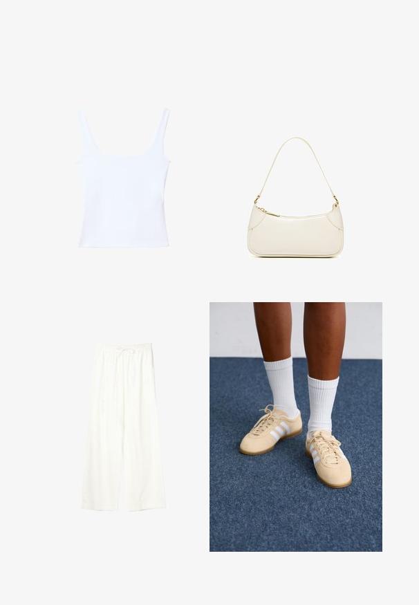 Top court blanc sans manches avec encolure carrée, larges bretelles et silhouette ajustée.; Pantalon blanc à jambes larges avec taille élastique et cordon de serrage, en tissu léger.; Personne portant des baskets Adidas beiges avec des rayures blanches et des chaussettes blanches, se tenant sur un sol en moquette bleue.; Petit sac à bandoulière en cuir crème avec fermeture éclair incurvée sur le dessus et une seule bandoulière, design minimaliste avec des accents métalliques dorés.