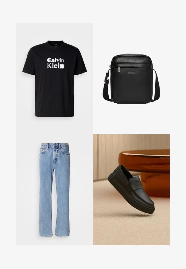 Zwarte katoenen T-shirt met een opvallend wit "Calvin Klein" logo, ronde hals, korte mouwen en een standaard pasvorm.; Lichtblauwe denim jeans met een recht ontwerp, vijf zakken en een knoopsluiting. Stikdetails nabij de zakken en de tailleband.; Zwarte leren instaploafer met een band over het bovenwerk, geplaatst op een beige tapijt en naast een bruine ronde tafel.; Zwarte Calvin Klein crossbodytas met verstelbare riem, voorvak met ritssluiting en subtiel logo op een getextureerd leren oppervlak.