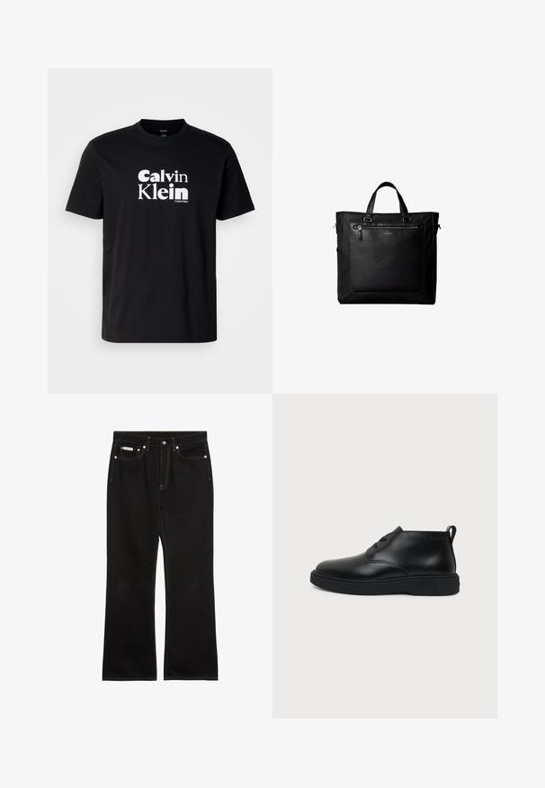 Zwarte katoenen T-shirt met een opvallend wit "Calvin Klein" logo, ronde hals, korte mouwen en een standaard pasvorm.; Zwarte jeans met rechte pijpen, oranje stiksels, vijf zakken, knoopsluiting en een klein Calvin Klein-label op de voorste rechterzak.; Zwarte leren enkelhoge veterschoen met dikke rubberen zool en trekhaak bij de hiel, getoond in zijprofiel op een effen achtergrond.; Zwarte tote bag met dubbele handvatten, grote voorste leren zak met ritssluiting en subtiel Calvin Klein-logo in het midden van de zak.