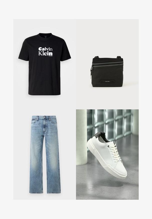 Sort bomulds T-shirt med et fremtrædende hvidt "Calvin Klein" logo, crew neck, korte ærmer og en standard pasform.; Lyseblå denim jeans med lige ben, højt talje, fem lommer, knaplukning og diskrete falmede områder på lår og knæ.; Hvid lav tå-sneaker med sort struktureret hælfane, hvide snørebånd og tyk sål på en poleret betongulv nær glasblokke.; Sort og grå Calvin Klein crossbody taske med ternet mønster, lynlåslomme foran og justerbar rem på hvid baggrund.