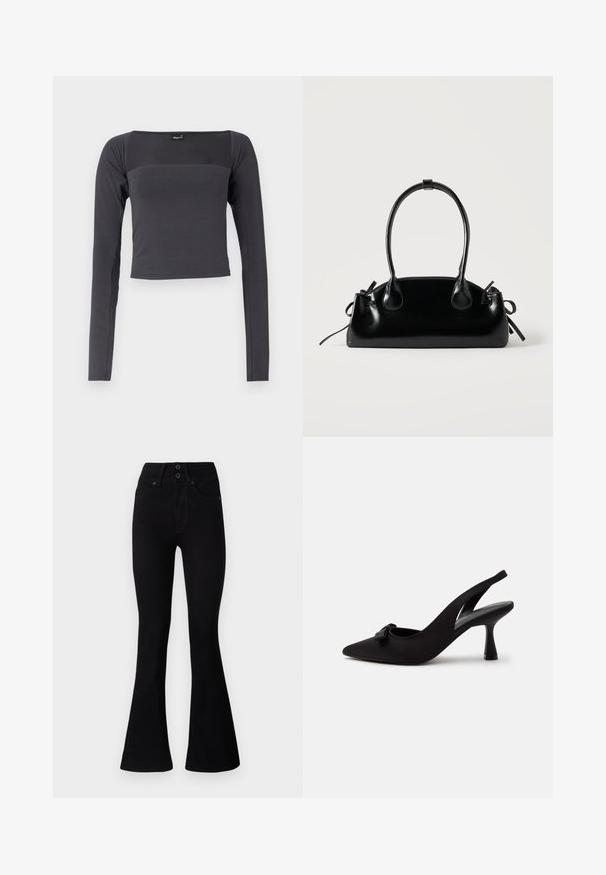 Top corto de manga larga en tela gris oscuro con una textura suave. Presenta un escote cuadrado y un diseño ajustado.; Pepe Jeans FLARE CONTOUR - Vaqueros a campana - black denim; Zapato de tacón alto de punta afilada con tira trasera negra, con un pequeño lazo en la parte delantera y tacón estrecho, mostrado sobre un fondo blanco.; Pequeño bolso negro brillante con dos asas largas y detalles de cordón lateral sobre un fondo claro liso.