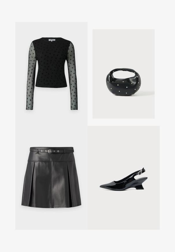 Haut noir à manches longues avec des manches en maille transparente, présentant un motif texturé de petites formes florales noires. Encolure ronde, coupe cropped.; Jupe plissée noire en simili cuir, dotée d'une taille ajustée avec une ceinture et des accents en métal argenté. Texture lisse.; Chaussure slingback en cuir verni noir avec bout pointu et petit talon bloc incliné sur fond clair uni.; Sac à main en cuir noir de forme arrondie, décoré de clous argentés et équipé d'une poignée courte. Texture lisse et fermeture éclair.
