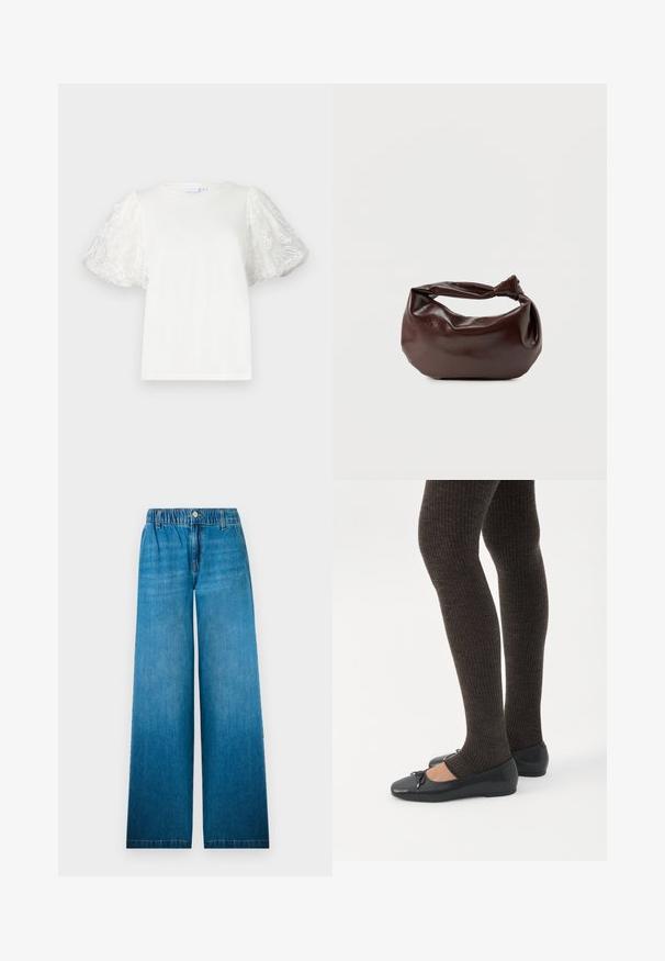 Camiseta blanca con mangas cortas y abullonadas de tela transparente que presenta bordados florales. Cuello redondo, corte relajado, textura suave.; Jeans de pierna ancha fabricados en denim azul claro, con una cinturilla elástica, cierre de botón y un diseño de corte recto con efecto desvanecido.; Piernas con leggings oscuros acanalados combinados con bailarinas negras que presentan pequeños detalles de lazo sobre un fondo blanco.; Bolso de hombro de cuero marrón oscuro con una forma suave y caída, y un asa con nudo torcido sobre un fondo blanco liso.