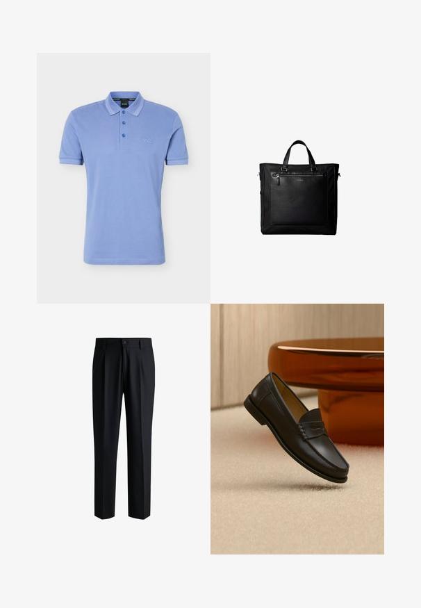 Polo à manches courtes bleu clair avec trois boutons, col, et petit logo "BOSS" brodé sur le côté gauche de la poitrine.; Pantalons noirs en tissu lisse, avec une coupe droite, des plis à l'avant et une fermeture à bouton avec passants de ceinture.; Chaussure mocassin en cuir noir suspendue au-dessus d’un tapis beige avec du mobilier moderne couleur ambre en arrière-plan.; Sac cabas noir avec doubles poignées, grande poche avant en cuir avec fermeture éclair et logo discret Calvin Klein au centre de la poche.