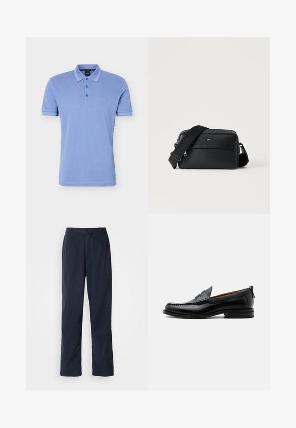 Polo à manches courtes bleu clair avec trois boutons, col, et petit logo "BOSS" brodé sur le côté gauche de la poitrine.; Pantalon bleu marine en mélange de coton. Présente une coupe droite, une fermeture à bouton sur le devant et de légères plis. Texture douce.; Mocassin homme en cuir noir avec couture moc toe, bride penny, col texturé et petit talon empilé sur fond blanc.; Sac bandoulière en cuir noir texturé avec poche avant zippée et bandoulière large en tissu réglable sur fond blanc.