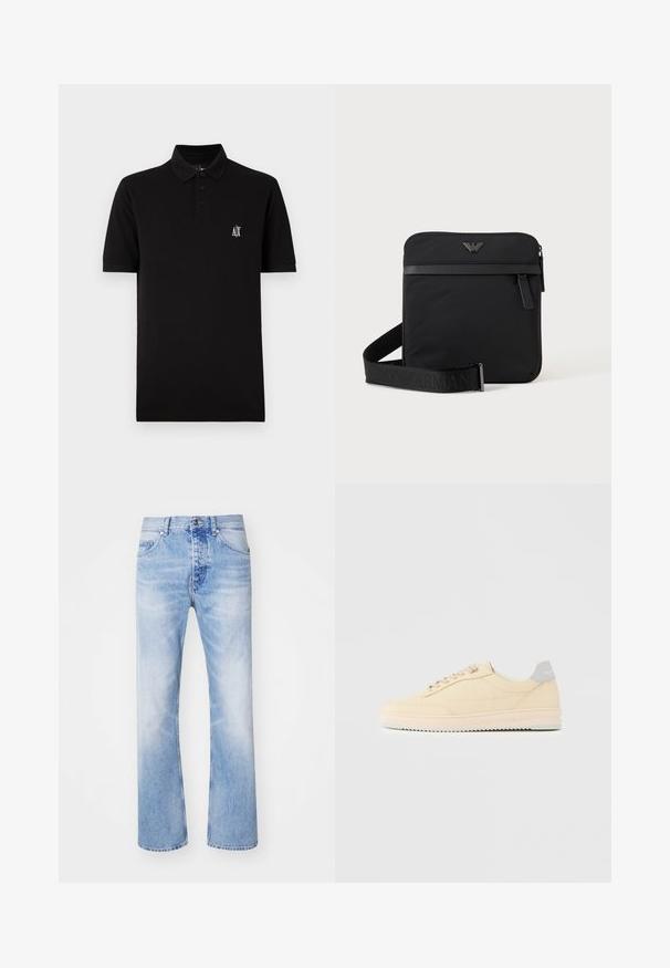 Zwarte poloshirt van zacht materiaal, voorzien van een knoopsluiting kraag, korte mouwen en een klein wit logo op de linkerborst.; Lichtblauwe denim jeans met een recht model, voorzien van een klassieke vijf-pocketstijl en een subtiele vervaagde print.; Beige lage sneaker met veters aan de voorkant, lichtroze zool en een grijze hieltab met het merk "Filling Pieces", zijaanzicht op een effen achtergrond.; Zwarte vierkante schoudertas met ritssluiting, voorvak en verstelbare band met geperste merknaam.