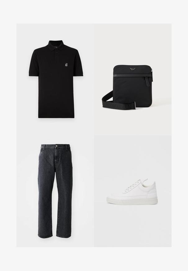 Sort polo-shirt lavet af blødt stof, har en knap-ned krave, korte ærmer, og et lille hvidt logo på venstre bryst.; Sorte denim jeans med lige snit, med knaplukning, fem lommer og subtil tekstur. Klassisk design uden fremtrædende mønstre.; Hvid lædersneaker med rundet tå, flad sål og snørebånd foran. Har syningsdetaljer og polstret krave for komfort.; Sort firkantet skuldertaske med lynlås, frontlomme og justerbar rem med præget brandnavn.
