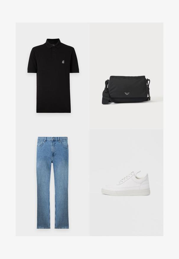 Polo noir fabriqué en tissu doux, avec un col boutonné, des manches courtes et un petit logo blanc sur la poitrine gauche.; Jean en denim bleu clair avec une coupe droite, cinq poches, une fermeture éclair et des coutures contrastantes. Le tissu a une finition lisse et texturée.; Baskets en cuir blanc avec un embout arrondi, une semelle plate et un laçage à l'avant. Présentent des détails de couture et un col rembourré pour plus de confort.; Sac bandoulière noir avec sangle réglable et petit emblème logo argenté sur le rabat avant, présenté sur un fond clair uni.