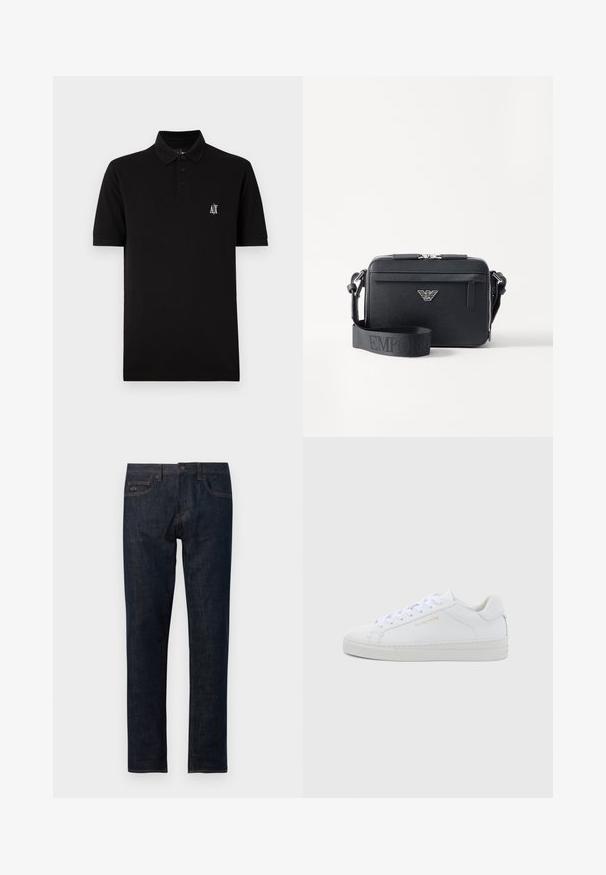 Must have pehmeast kangast must polo särk, millel on nööbid alla ja lühikesed varrukad, ning vasakul rinnal väike valge logo.; Tumedat sinised denim-teksa püksid otse lõikega, nupuga kinnituse, viie tasku ja oranži õmblusdetailiga.; Valged nahast madala säärega tennised ümarate ninadega, tasase paeltega, tekstuurse tallaga ja peene kuldse brändinguga külje peal. Sile pind ja minimalistlik disain.; Must musta õlakott, mis on valmistatud tekstuuritud materjalist. Omab tõmbluku sulgemist, esimest tõmblukuga taskut ja metallist logo aktsenti. Kaasas on reguleeritav rihm.