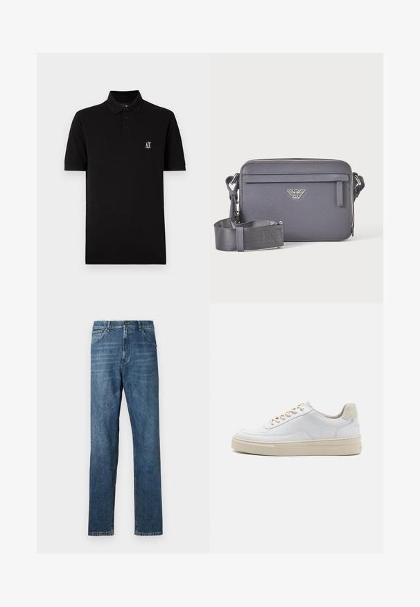 Sort polo-shirt lavet af blødt stof, har en knap-ned krave, korte ærmer, og et lille hvidt logo på venstre bryst.; Mørkeblå denim jeans med lige ben, fem-lomme design, synlig syning og en klassisk knaplukning. Let vaskeeffekt på stoffet.; Hvide sneakers med en glat læderoverdel, beige snørebånd og en tekstureret beige ruskindsheel-tab. Hævet sål for ekstra højde.; Mørkegrå rektangulær crossbody taske med justerbar rem, front lynlåslomme og sølv logoemblem.