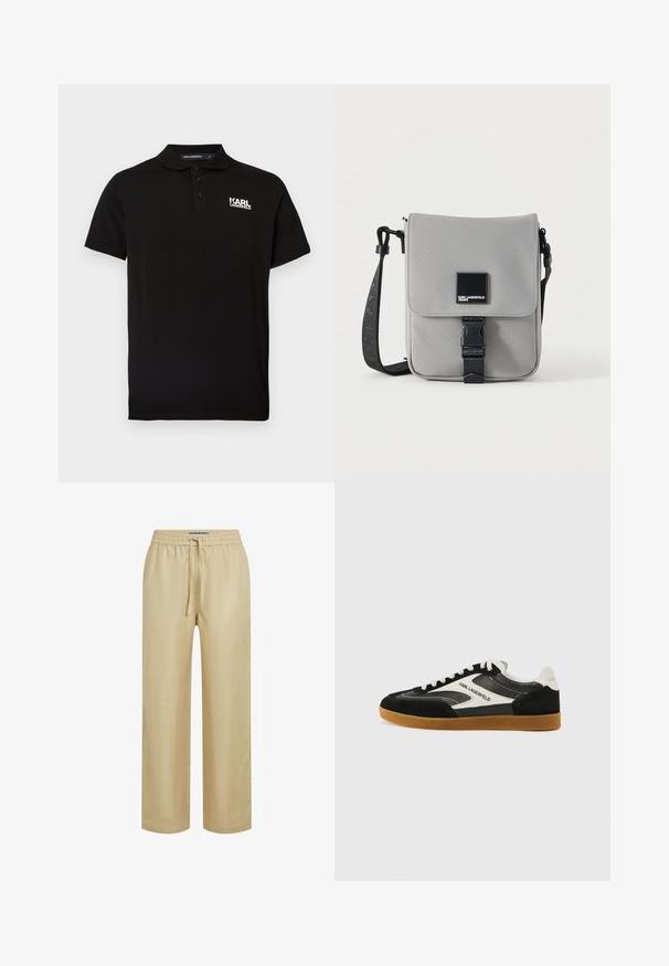 Polo noir en coton, avec une patte de boutonnage à deux boutons, manches courtes, et un logo blanc "KARL LAGERFELD" sur la poitrine gauche.; Pantalon beige à jambes larges en tissu léger. Doté d'une taille élastique avec cordon de serrage, offrant une coupe décontractée et une texture lisse.; Baskets basses noir et blanc en matériaux daim et cuir, avec une semelle en caoutchouc gomme et un détail logo "Karl Lagerfeld".; Sac bandoulière gris avec sangle noire réglable, rabat avant sécurisé par boucle noire, avec un patch logo carré Karl Lagerfeld Jeans.