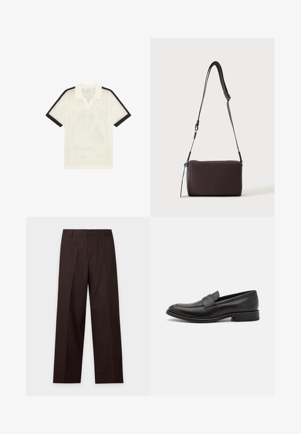 Polo en maille blanche à manches courtes avec bordure noire aux manches et col blanc uni, posé à plat sur un fond blanc.; Pantalon droit marron foncé avec passants de ceinture, fermeture par bouton et pli sur le devant, présenté sur fond blanc.; Mocassin en cuir noir avec une finition lisse, une sangle décorative sur le dessus, un bout rond et un petit talon empilé.; Sac bandoulière en cuir marron foncé texturé avec une sangle réglable et un petit accent décoratif bleu sur le côté.