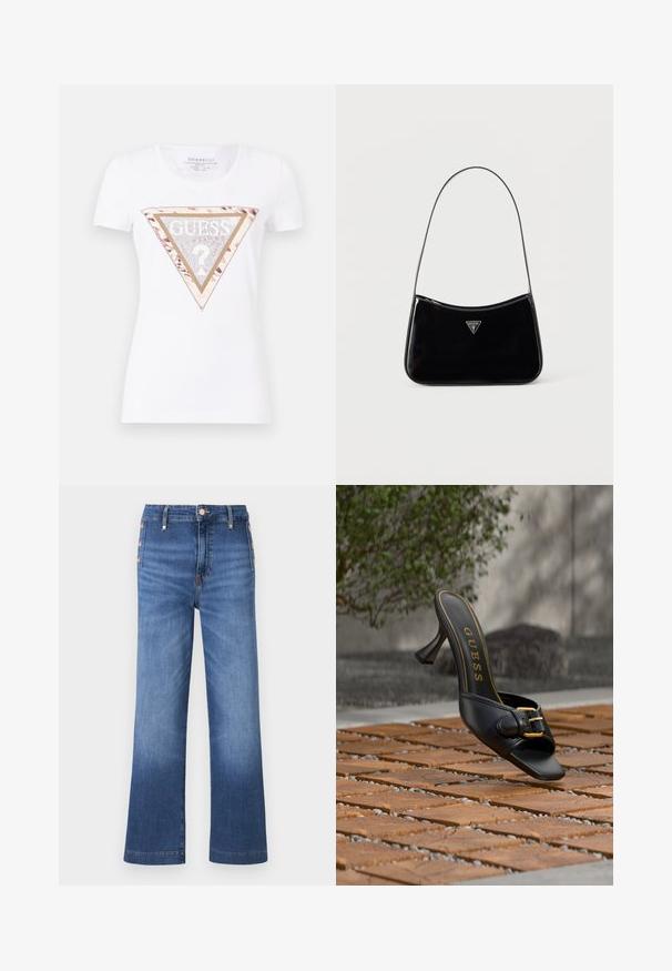 Weißes T-Shirt mit kurzen Ärmeln, das ein dreieckiges grafisches Motiv mit floralem Muster, funkelnden Akzenten und goldfarbenem Text in der Mitte zeigt.; Blaue Jeans mit weitem Bein, seitlichen Knopfdetails und hoher Taille.; Schwarze High-Heel-Pantolette mit goldener Schnalle und „GUESS“-Logo innen, auf strukturiertem Außenfliesenboden mit verschwommenem grünem Hintergrund positioniert.; Schwarze Schultertasche aus Lackleder mit schmalem Riemen, dreieckigem Guess-Logo vorne und einem Reißverschluss oben.