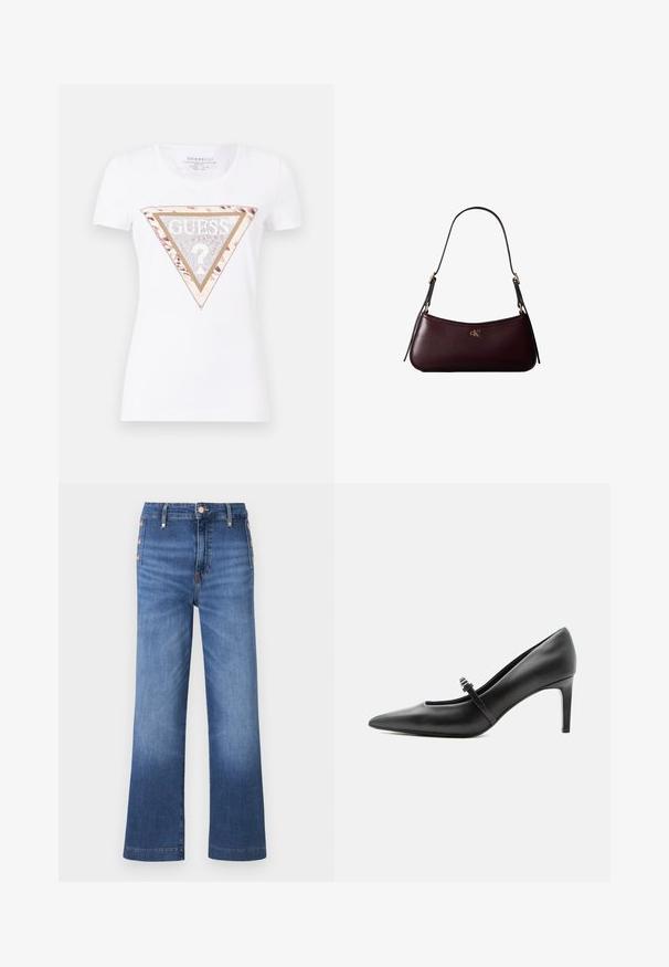 Weißes T-Shirt mit kurzen Ärmeln, das ein dreieckiges grafisches Motiv mit floralem Muster, funkelnden Akzenten und goldfarbenem Text in der Mitte zeigt.; Blaue Jeans mit weitem Bein, seitlichen Knopfdetails und hoher Taille.; Schwarzer Leder-Pumps mit spitzer Zehenpartie, dünnem Riemen und Schnalle über dem Spann, stehend auf hellem neutralem Hintergrund.; Dunkelburgunderfarbene Lederhandtasche mit schmalem schwarzem Schulterriemen und kleinem goldenem "cK" Logo vorne in der Mitte.