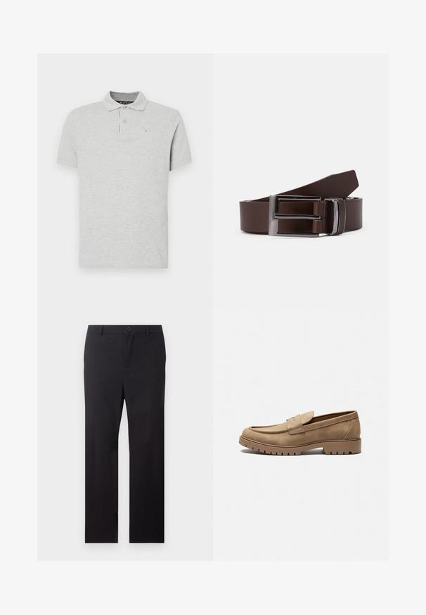 Polo shirt à manches courtes gris clair avec col, patte de boutonnage à deux boutons et petit logo Barbour brodé sur la poitrine gauche.; Pantalon noir droit avec passants de ceinture et fermeture à bouton sur le devant, sur fond blanc.; Mocassins en daim beige avec un bout arrondi, semelle en caoutchouc plate et coutures décoratives sur la tige. Dispose d'un design à enfiler sans lacets.; Ceinture en cuir marron avec une boucle en métal argenté, présentant une texture lisse et un design rectangulaire épuré. Simple et fonctionnelle.