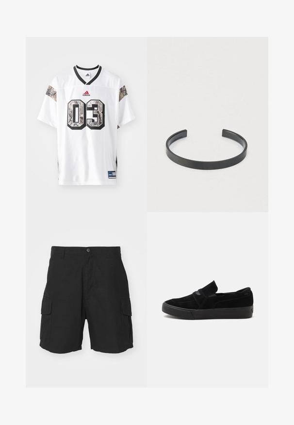 Valge sportlik särk mustade ja kamuflaažitrükiga lühikeste varrukatega, millel on suur must ääristatud number 03 ja Adidas'i logo.; Mustad mustad lühikesed püksid kerge kangaga, millel on kaks küljekotti, nupuga kinnitamine ja vabalt istuv lõige keskmise reie pikkuses.; Mustast seemisest materjalist libisev toss paksu tallaga ja elastsete külgpaneelidega, näidatud küljelt valgel taustal.; Must beeline avatud metallist käevõru, mille pind on sile ja servad ümarad, heledal taustal.