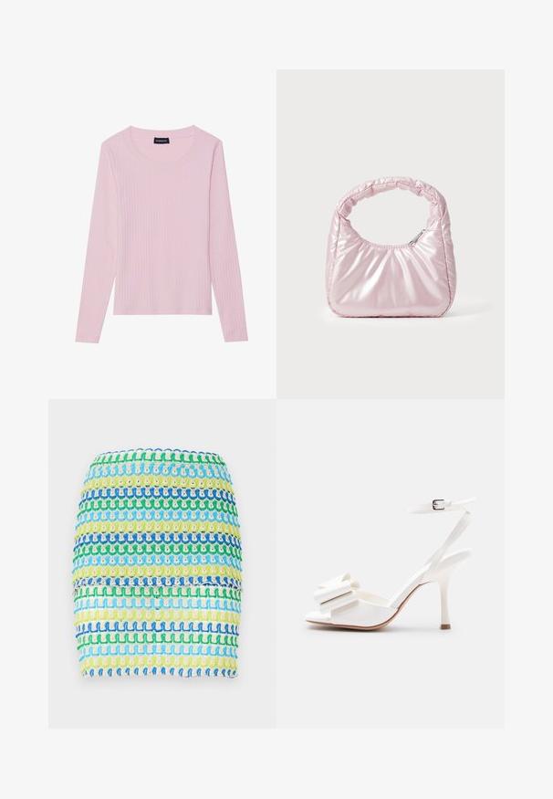 Lyserød langærmet ribbet top med rund halsudskæring og tætsiddende silhuet. Fremstillet af blødt, tekstureret stof. Minimalistisk design, ingen mønstre.; Tekstil mini skirt med horisontale striber i blå, grøn og gul. Designet har et tekstureret, vævet udseende med et lagdelt effekt.; Hvid sandal med høje hæle, ankelrem, åben tå og dekorativ sløjfe på den forreste rem mod en ensfarvet baggrund.; Rosa, polstret håndtaske med afrundet design, lavet af skinnende materiale. Har et samlet håndtag og en lynlås til sikker adgang.