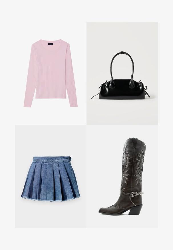 Svetloružový dlhý rukáv ribbed top s okrúhlym výstrihom a priliehavým strihom. Vyrobené z mäkkej, textúrovanej tkaniny. Minimalistický dizajn, bez vzorov.; Modrá denimová plisovaná minisukňa s gombíkom a bočným zipsom, s frézovaným lemom.; Čierna kožená kovbojská čižma s dekoratívnymi výrezmi, striebornou prackou a šikmým podpätkom, zobrazovaná na bielom pozadí.; Malá čierna lesklá kabelka s dvoma dlhými rúčkami a bočnými šnúrkovými detailmi na jednoduchom svetlom pozadí.