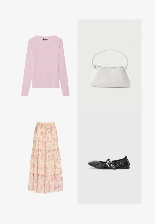 Haut à manches longues côtelé rose pâle avec un col rond et une silhouette ajustée. Fabriqué en tissu doux et texturé. Design minimaliste, sans motifs.; Jupe longue beige avec motif floral rose, taille élastique avec cordon et détails à volants superposés.; Chaussure plate en cuir noir avec un nez pointu, des détails froncés autour de l'ouverture et un accent en boucle argentée sur la bride ajustable.; Sac à main en cuir tressé blanc avec poignée arrondie et extrémités de lanière nouées, présenté sur un fond uni.