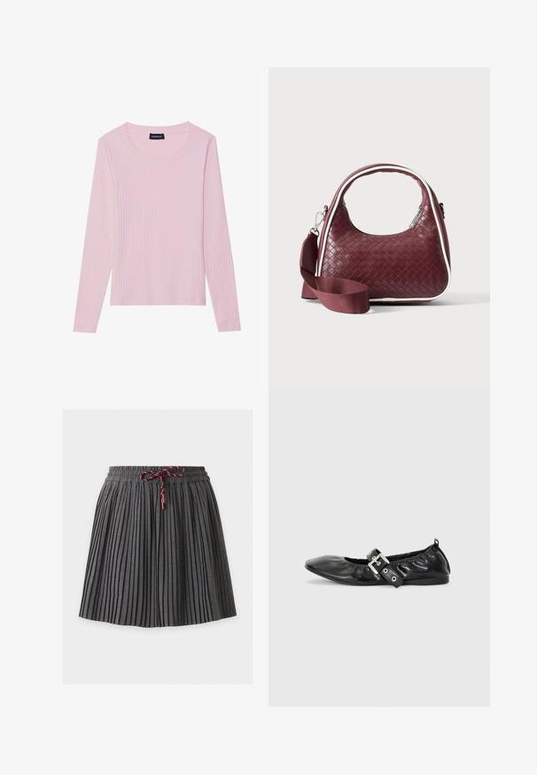 Svetloružový dlhý rukáv ribbed top s okrúhlym výstrihom a priliehavým strihom. Vyrobené z mäkkej, textúrovanej tkaniny. Minimalistický dizajn, bez vzorov.; Tmavosivá plisovaná sukňa s elastickým pásom a viazanou bordovou šnúrkou v strede vpredu.; Čierna kožená plochá obuv s špicatou špičkou, zberaným detailom okolo otvoru a strieborným prackovým akcentom na nastaviteľnom remienku.; Vínová tkaná kožená kabelka s oblým držadlom, bielym lemom, strieborným zipsom a odnímateľným širokým látkovým ramenným popruhom na jednofarebnom pozadí.