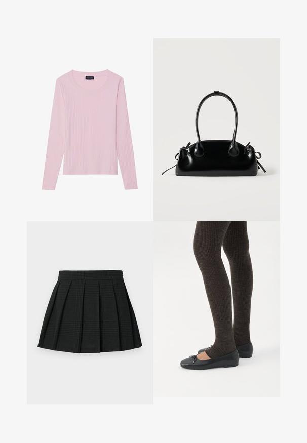 Haut à manches longues côtelé rose pâle avec un col rond et une silhouette ajustée. Fabriqué en tissu doux et texturé. Design minimaliste, sans motifs.; Jupe plissée noire en tissu texturé. Dispose d'une taille et d'un léger motif écossais tout au long. Longueur courte avec des plis superposés.; Jambes portant des leggings côtelés foncés associés à des ballerines noires avec de petits détails en nœud sur fond blanc.; Petit sac à main noir brillant avec deux longues anses et des détails à cordon sur les côtés sur un fond clair uni.