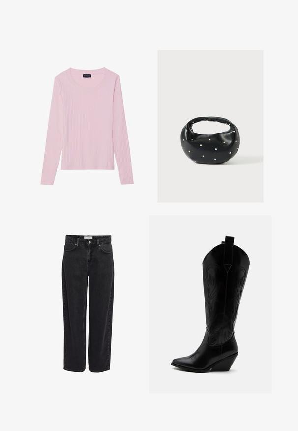Svetloružový dlhý rukáv ribbed top s okrúhlym výstrihom a priliehavým strihom. Vyrobené z mäkkej, textúrovanej tkaniny. Minimalistický dizajn, bez vzorov.; Čierne džínsové nohavice širokého strihu s vysokým pásom, dizajn s piatimi vreckami a zapínaním na zips. Hladká textúra s minimom viditeľných švov.; Čierna kožená kovbojská čižma so špicatou špičkou, šikmým blokovým podpätkom, dekoratívnym prešitím a ťahacími pútkami na vrchu na bielom pozadí.; Čierna kožená kabelka s zaobleným tvarom, zdobená striebornými cvočkami a krátkym rúčkou. Hladká textúra a zapínanie na zips.