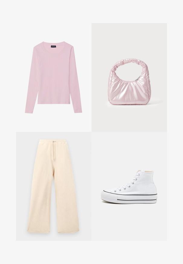 Svetloružový dlhý rukáv ribbed top s okrúhlym výstrihom a priliehavým strihom. Vyrobené z mäkkej, textúrovanej tkaniny. Minimalistický dizajn, bez vzorov.; Dlhé nohavice s širokými nohavicami v svetlej béžovej farbe, vyrobené z textúrovanej tkaniny. Obsahujú elastický pás s šnúrkou. Jednoduchý, nezdobený dizajn.; Biele vysoké tenisky z plátnovej látky, čierna gumová podrážka a kontrastný čierny pruh na strednej podrážke. Okrúhla špička a zaväzovací dizajn.; Ružová, polstrovaná kabelka s oblehnutým dizajnom, vyrobená z lesklého materiálu. Obsahuje naťahovanú rukoväť a zipsové uzatvorenie pre bezpečný prístup.