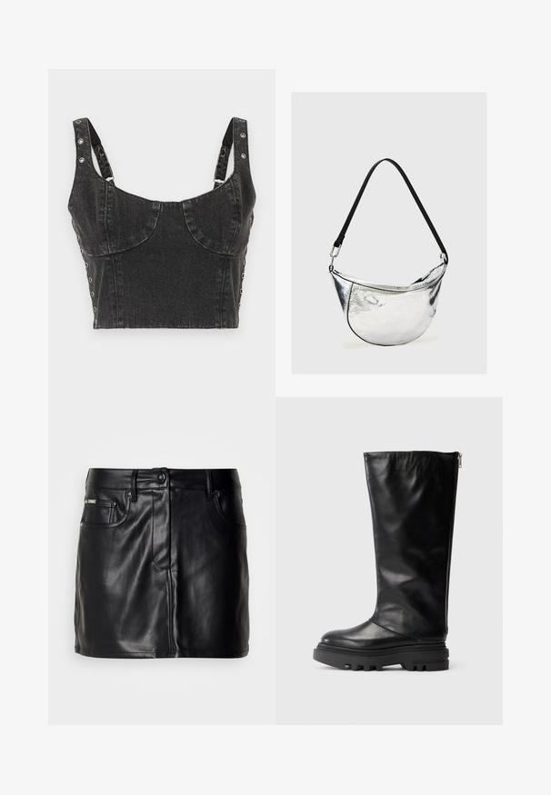 Ksubi DAUPHINE BUSTIER SHADOW - Top - black; Zwarte leren mini-rok met een op maat gemaakt ontwerp, voorzien van zijzakken, een knoopsluiting en een gladde textuur.; Zwarte leren kniehogere laars met een ronde neus, chunky rubberen zool en een ritssluiting aan de zijkant. Gladde textuur met minimale details.; Zilverkleurige metalen schoudertas in halve maan vorm met zwarte verstelbare riem en ritssluiting op effen lichte achtergrond.