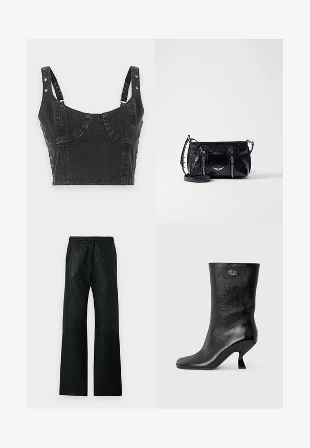 Ksubi DAUPHINE BUSTIER SHADOW - Μπλούζα - black; Μαύρο παντελόνι με ψηλή μέση και φαρδιά μπατζάκια, με ελαστική μέση και κορδόνι, κατασκευασμένο από υλικό που μοιάζει με δέρμα με υφή και ελαφρώς τσαλακωμένη όψη.; Μαύρο δερμάτινο μποτάκι μέχρι τον αστράγαλο με γυαλιστερό φινίρισμα, τετράγωνη μύτη και μοναδικό καμπυλωτό τακούνι. Διαθέτει μικρό μεταλλικό λογότυπο ως λεπτομέρεια.; Μαύρη ψεύτικη δερμάτινη τσάντα χιαστί με φερμουάρ, διακοσμητικό ασημένιο έμβλημα και ρυθμιζόμενο λουράκι. Γυαλιστερή υφή και συμπαγές σχήμα.