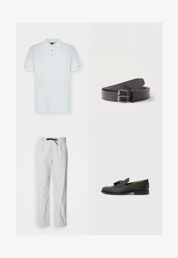 Polo gris clair avec trois boutons, col blanc et bords de manches blancs, et petit logo BOSS sur la poitrine gauche.; Pantalon fuselé en mélange de coton gris clair avec une taille à cordon de serrage. Dispose de plis à l'avant et de poches latérales pour plus de praticité.; Mocassin pour homme en cuir noir avec pompons, bout arrondi, petit talon et languette à l'arrière, présenté de profil sur un fond gris clair.; Ceinture en cuir brun foncé roulée avec une boucle métallique carrée et des coutures visibles le long des bords.