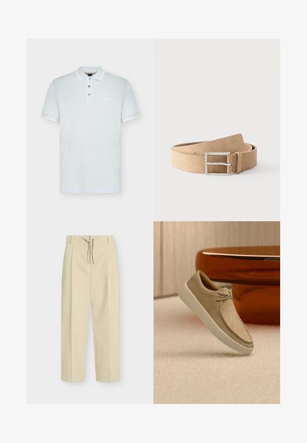 Polo gris clair avec trois boutons, col blanc et bords de manches blancs, et petit logo BOSS sur la poitrine gauche.; Pantalon beige droit avec passants pour ceinture et nouage à l'avant, présentant un design épuré et ajusté ainsi qu'un tissu texturé.; Baskets en daim beige avec semelle épaisse blanche et lacets, positionnées sur un tapis beige texturé avec une table ronde brune brillante en arrière-plan.; Ceinture en cuir suédé couleur fauve avec boucle rectangulaire argentée et passant en cuir, roulée sur un fond blanc.
