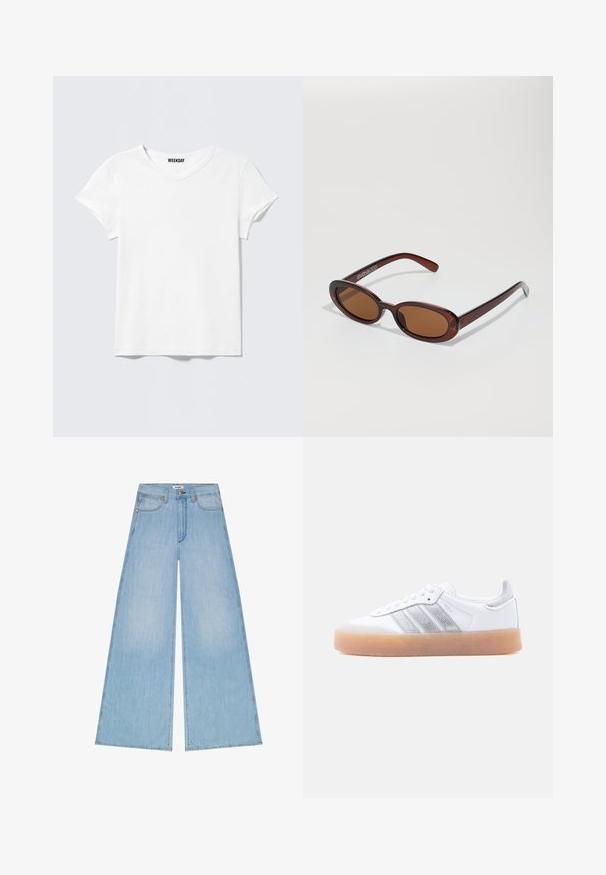 T-shirt blanc uni à manches courtes avec col en V et une petite étiquette "WEEKDAY" à l'intérieur du col, présenté sur un fond gris clair.; Jean large en denim bleu clair avec poches avant, passants pour ceinture, rivets en cuivre et fermeture par bouton, marqué Wrangler à la taille.; Baskets basses blanches avec semelle gomme, accents argentés rayés sur le côté, et fermeture à lacets, présentées sur un fond clair uni.; Lunettes de soleil rondes teinte brun avec une monture bordeaux brillante. Branches fines avec un détail de marque subtil. Design de verres plats.