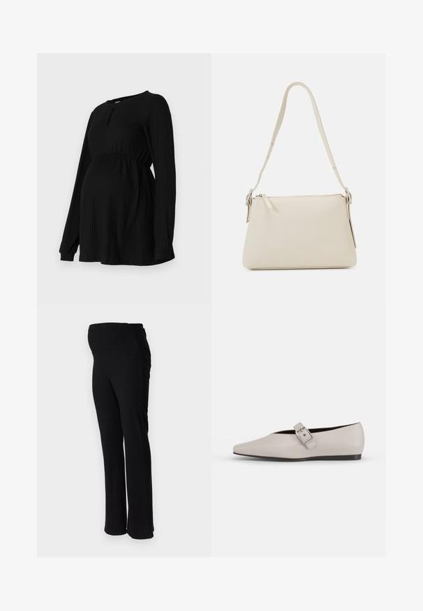 Top de maternidad negro con mangas largas, textura acanalada, cintura elástica y cuello redondo con un pequeño detalle en forma de llave en la parte frontal.; ONLY MATERNITY OLMHALLE - Pantalones - black; Zapato plano de cuero beige con punta afilada, un detalle de hebilla lateral y suela negra baja. Textura suave y diseño minimalista.; Bolso de hombro beige hecho de cuero suave con cierre de cremallera. Presenta un diseño simple, correa de hombro delgada y acentos de hardware metálico.