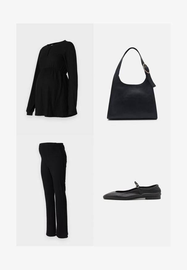 Zwarte zwangerschapsblouse met lange mouwen, geribbelde textuur, elastische tailleband en een ronde hals met een kleine sleutelgatdetail aan de voorkant.; ONLY MATERNITY OLMHALLE - Broek - black; Zwarte leren ballerina's met een ronde neus, smalle vamp en een kleine enkelband met een ronde gesp. Lage, platte zool.; Zwarte leren tote bag met een gladde textuur, ronde vorm en een enkele schouderband met een ronde gouden hardware accent.