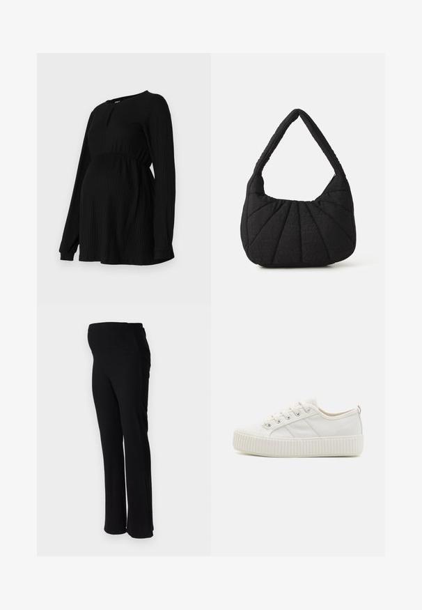 Top de maternidad negro con mangas largas, textura acanalada, cintura elástica y cuello redondo con un pequeño detalle en forma de llave en la parte frontal.; ONLY MATERNITY OLMHALLE - Pantalones - black; Zapatillas de lona blancas con una suela de goma texturizada, puntera redondeada y diseño con cordones que presenta tres franjas laterales.; Bolso hobo acolchado negro con un acabado texturizado, diseño curvado y una amplia correa para el hombro; cuenta con un cierre de cremallera y detalles plisados.