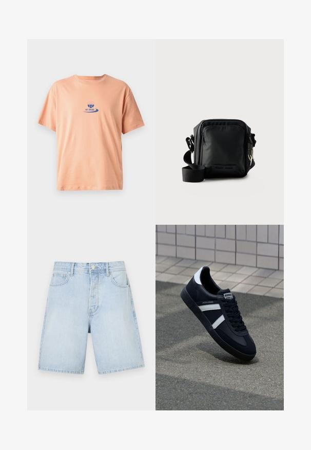 ferskenfarvet bomulds t-shirt med korte ærmer, en rund halsudskæring og et blåt trykt logo med et paddeldesign og teksten "NY PADEL."; Lyseblå denimshorts med lige snit, der har forlommer, knaplukning og afslappet syning. Glat tekstur uden mønstre.; Sort lædersneaker med hvide striber, tekstureret gummisål og snørrebånd foran. Har et brandet mærke på tungen.; Sort kompakt crossbody taske med front lynlåslomme, justerbar rem og tekstureret stof mod en ensfarvet baggrund.