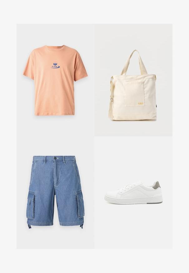 Perzikkleurig katoenen t-shirt met korte mouwen, een ronde hals en een blauw bedrukt logo met een peddelontwerp en de tekst "NY PADEL."; Blauwe denim cargo shorts met een knoopsluiting, twee voorzakken en twee grote zijflapzakken. Inclusief verstelbare koordjes aan de zoom.; Witte sneaker van glad leer met een ronde neus, minimalistisch ontwerp, grijze hielaccent en een geplaatste rubberen zool.; Crèmekleurige canvas boodschappentas met voorvak, twee handvatten, verstelbare schouderriem en kleine gele "O.N.S" tekst rechtsonder op het vak.