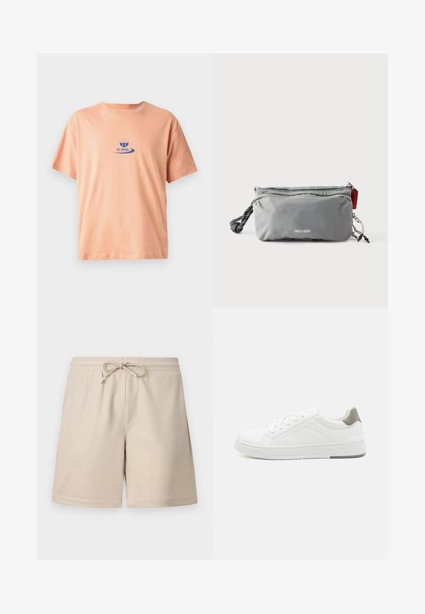 Perzikkleurig katoenen t-shirt met korte mouwen, een ronde hals en een blauw bedrukt logo met een peddelontwerp en de tekst "NY PADEL."; Beige shorts met een geribbelde textuur, een tailleband met trekkoord en zijzakken, die een eenvoudig en functioneel ontwerp laten zien.; Witte sneaker van glad leer met een ronde neus, minimalistisch ontwerp, grijze hielaccent en een geplaatste rubberen zool.; Grijze rechthoekige pouch met ritsen, zwart-wit touwhandvat aan één kant, en de tekst "ONLY & SONS" op de voorkant in het midden.