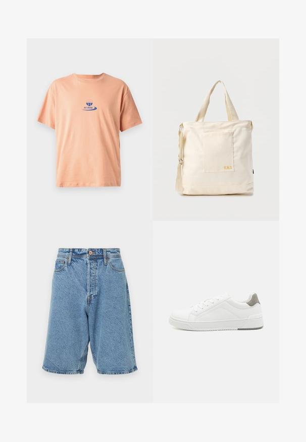 ferskenfarvet bomulds t-shirt med korte ærmer, en rund halsudskæring og et blåt trykt logo med et paddeldesign og teksten "NY PADEL."; Lysblå denimshorts med en falmet tekstur. Har en frontlukning med knap, bæltestropper og sidelommer. Kraftig syning som accent.; Hvid sneaker lavet af glat læder, rund tå, minimalistisk design, grå hælafsats og tekstureret gummisål.; Kremfarvet lærredstote-taske med frontlomme, to håndtag, justerbar skulderrem og lille gul "O.N.S" tekst i nederste højre hjørne af lommen.