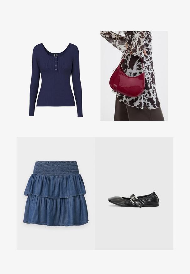 Donkerblauw ribbel shirt met lange mouwen, een ronde halslijn en een knopenlijst met drie metalen knopen in het midden.; Blauwe gelaagde denimrok met brede geplooide tailleband en twee geplooide lagen op een effen achtergrond.; Zwarte leren platte schoen met een spitse neus, geplooide details rond de opening en een zilveren gespaccentueerde verstelbare band.; Vrouw met een zwart-wit gebloemde blouse houdt een glanzende rode schoudertas vast tegen een effen achtergrond.