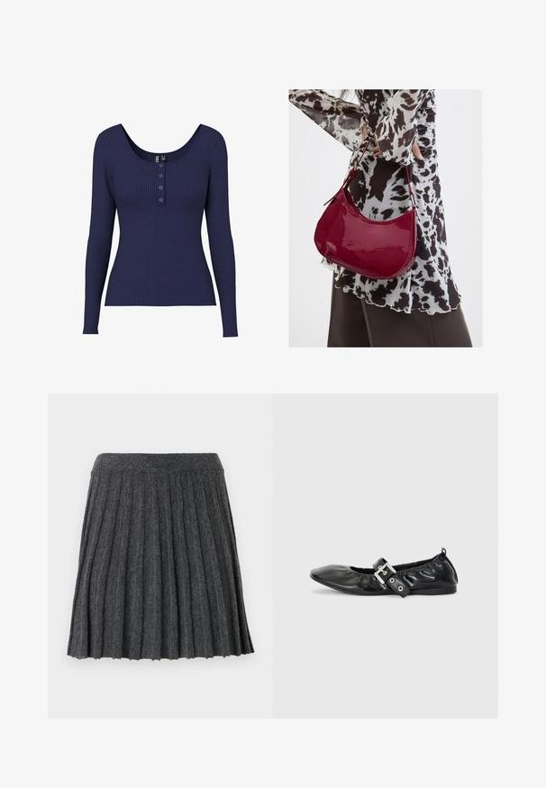 Marineblå ribbet langærmet top med en rund halsudskæring og en knapstolpe med tre metalliske knapper i midten.; Vero Moda Knitted VMMARINA Short - Mini skirts - dark grey; Sorte læder flade sko med spids tå, samling detaljer omkring åbningen, og en sølv spænde accent på den justerbare rem.; Kvinde iført en sort- og hvidmønstret bluse, der holder en blank rød skuldertaske mod en ensfarvet baggrund.
