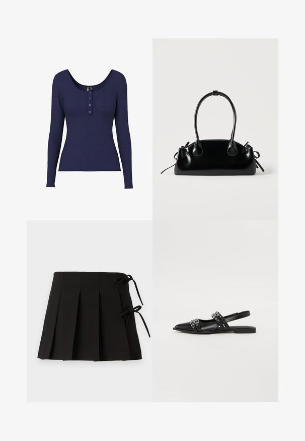 T-shirt bleu marine à manches longues en ribbed avec un col dégagé et une patte de boutonnage comportant trois boutons métalliques au centre.; Jupe plissée noire avec des liens sur les côtés, fabriquée dans un tissu à la texture lisse ; elle présente un design structuré et des lignes épurées.; Even&Odd Ballerines à brides arrière - black; Petit sac à main noir brillant avec deux longues anses et des détails à cordon sur les côtés sur un fond clair uni.