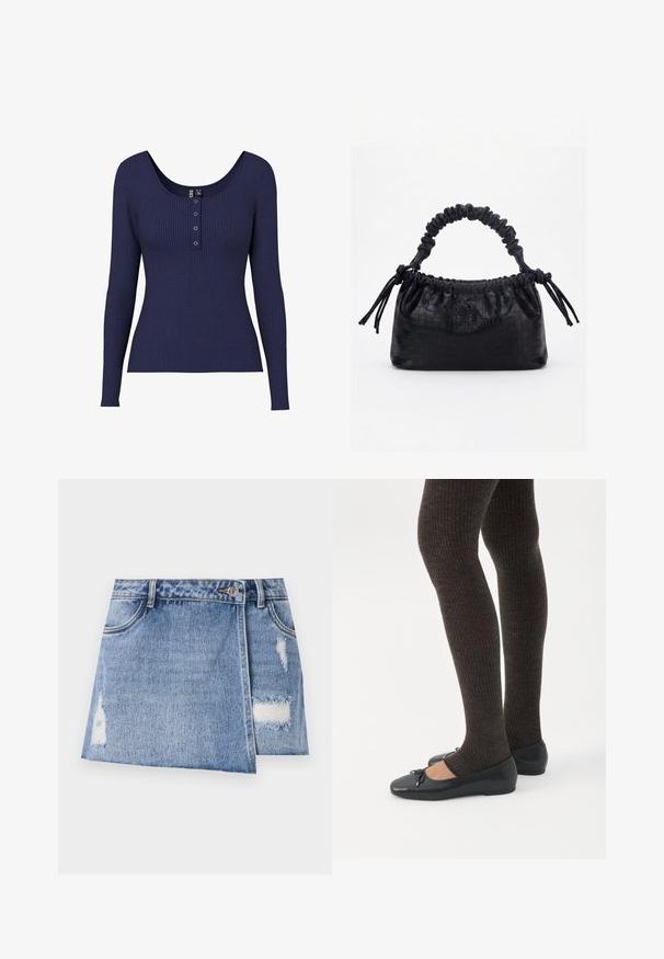 T-shirt bleu marine à manches longues en ribbed avec un col dégagé et une patte de boutonnage comportant trois boutons métalliques au centre.; Jupe en denim mini en bleu clair avec des zones décolorées et des détails usés. Elle dispose d'une fermeture à boutons à l'avant et d'une conception traditionnelle à cinq poches.; Jambes portant des leggings côtelés foncés associés à des ballerines noires avec de petits détails en nœud sur fond blanc.; Sac à main noir avec texture crocodile, bord supérieur froncé, poignée plissée et pompons à cordon de chaque côté sur fond blanc.