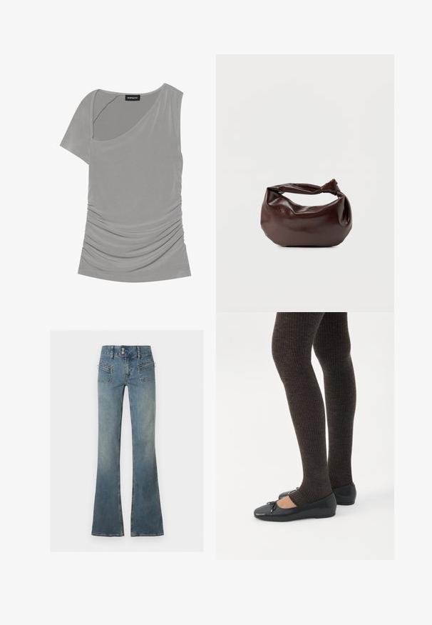 Haut gris à manches courtes avec un design asymétrique, texture froncée sur le côté et un col rond. Fabriqué en matériau doux et extensible.; Jean en denim bleu taille haute avec double fermeture à boutons, fermeture éclair devant, poches zippées et jambes évasées sur fond uni.; Jambes portant des leggings côtelés foncés associés à des ballerines noires avec de petits détails en nœud sur fond blanc.; Sac bandoulière en cuir marron foncé avec une forme souple et décontractée et une anse nouée torsadée sur un fond blanc uni.