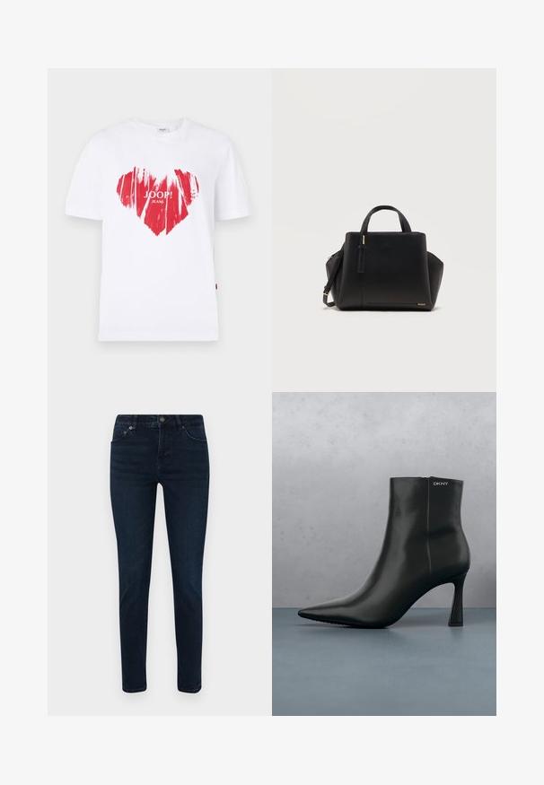 Witte katoenen t-shirt met een grote rode hartafbeelding en de tekst "JOOP! JEANS" in het midden. Korte mouwen en een ronde hals.; Donkerblauwe denim jeans met een smalle pasvorm, voorzien van een vijf-pocketontwerp, een knoopsluiting en subtiele stikseldetails. Gladde textuur overal.; Zwarte leren enkellaars met spitse neus en een geometrische hak. Heeft subtiele branding en een gladde textuur. De achtergrond heeft getextureerde tegels.; Zwarte leren handtas met bovenhandgrepen, verstelbare schouderriem, gouden merklogo en gestructureerde rechthoekige vorm op witte achtergrond.