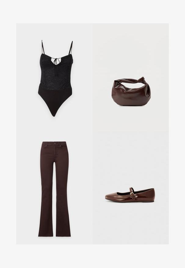 Bodysuit noir en tissu dentelle sur le dessus, avec un décolleté en V et un détail à nouer, des fines bretelles ajustables et une coupe haute.; Jean bootcut marron foncé avec bouton et fermeture éclair, poches avant et arrière, présenté à plat sur un fond blanc uni.; Ballerine en cuir verni marron avec un bout carré et une lanière ornée d'une petite boucle dorée. Texture lisse, talon bas et design minimaliste.; Sac bandoulière en cuir marron foncé avec une forme souple et décontractée et une anse nouée torsadée sur un fond blanc uni.