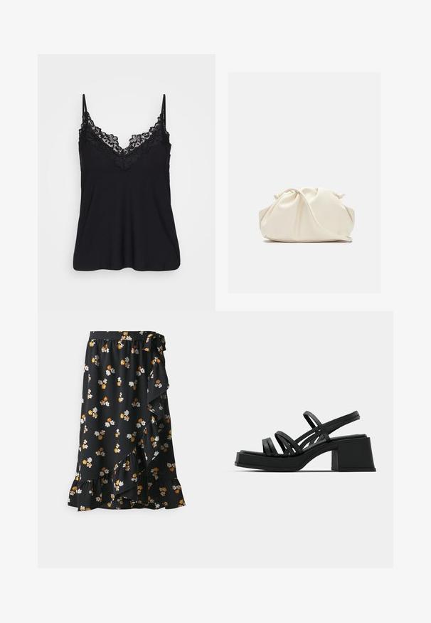 Camiseta negra sin mangas con encaje en el escote y en las tirantes; tejido suave con un diseño fluido para un ajuste relajado.; Falda negra con flores, con un dobladillo festoneado, que presenta pequeñas flores amarillas, blancas y naranjas. Hecha de una tela ligera con una cinturilla ajustable.; Sandalias negras de tacón con múltiples tiras delgadas y un tacón ancho. Diseño elegante con una textura mate. La plantilla tiene una leve curvatura.; Bolso de mano de cuero suave de color crema con diseño fruncido y plisado y una delgada correa para el hombro que descansa delante sobre un fondo liso.