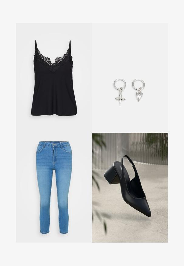 Camisole noire avec dentelle le long de l'encolure et des bretelles ; tissu doux avec un design fluide pour un ajustement décontracté.; Jean en denim bleu clair avec une coupe slim, taille mi-haute, un design à cinq poches et un léger délavage à l'avant, terminé par une fermeture à bouton.; Escarpin noir en cuir avec un bout pointu et un talon bloc. Texture lisse, design minimaliste et bride de cheville réglable.; Boucles d'oreilles en argent en forme de cerceau avec un charme croix et cœur. Texture lisse et brillante avec une finition polie. Chaque charmepend d'une boucle sécurisée.