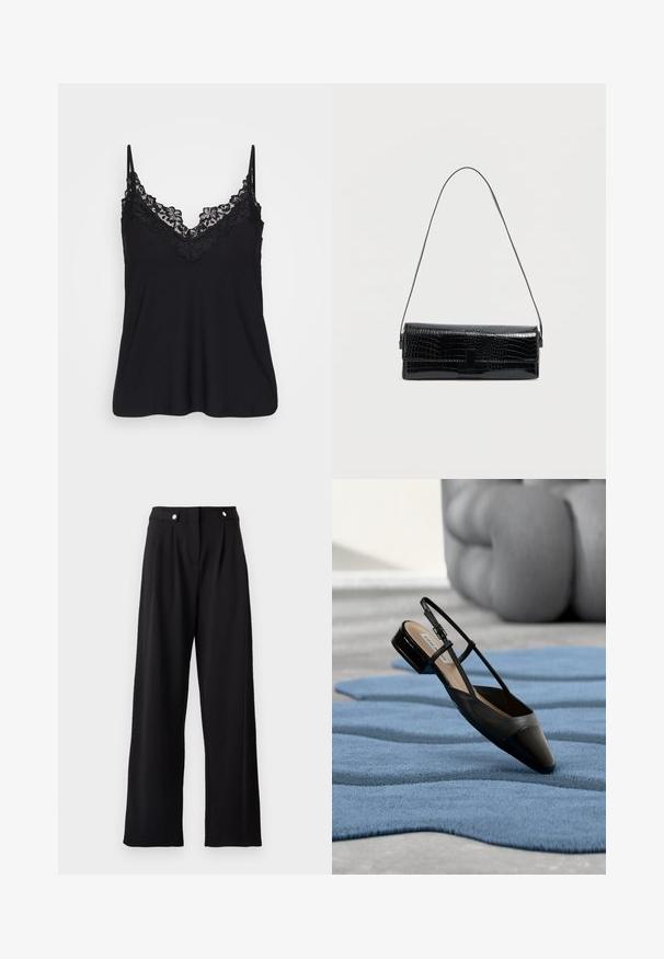 Schwarzes Trägertop mit Spitzenbesatz entlang des Rundhals- und der Träger; weicher Stoff mit fließendem Design für eine entspannte Passform.; Schwarze weite Hose mit glatter Textur, hoher Taille, vorderen Falten und metallischen Knopfakzenten.; Schwarzer Slingback-Schuh aus Lackleder mit niedrigem Blockabsatz, der auf einem strukturierten blauen wellenförmigen Teppich und grauen gepolsterten Möbeln ruht.; Schwarze Schultertasche aus Kunstleder mit Kroko-Prägung, rechteckige Form, glänzende Textur, mit dünnem verstellbarem Riemen und einer vorderen Klappe als Verschluss.