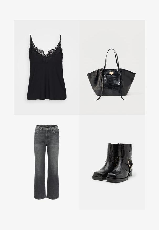 Camiseta negra sin mangas con encaje en el escote y en las tirantes; tejido suave con un diseño fluido para un ajuste relajado.; Jeans de pierna ancha en denim gris oscuro, que cuentan con un diseño clásico de cinco bolsillos, detalles de costura y un cierre de botón en la cintura.; Botas de tobillo de charol negro con un patrón de cocodrilo, punta cuadrada y acentos de hardware dorado. Tacón bajo resistente y detalle de correa envolvente.; Bolso tote negro con textura de cocodrilo, dos asas largas y un pequeño cierre rectangular dorado en el frente.
